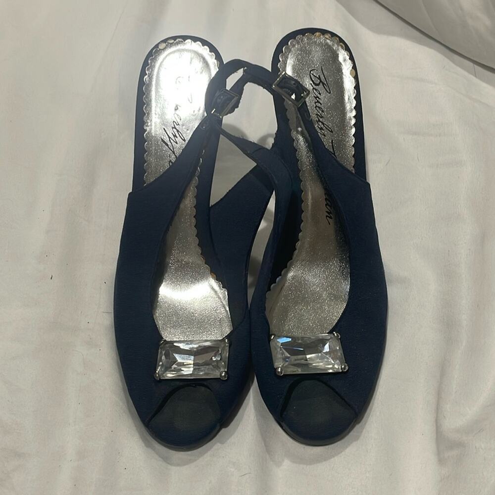 Beverly Feldman 8 navy blue platform sling back taffeta large clear gem shoe euc